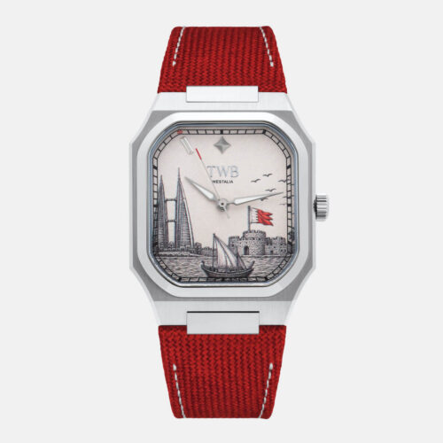 TWB Westalia watch with a red strap and Bahrain landmarks on the dial